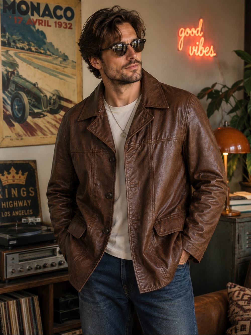 Vintage 70s Sears The Leather Shop Mens 42R Leather Jacket Brown Zip-Out Lining